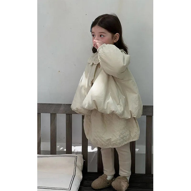 Girls Light Padded Coat 2026 New Fall Winter Korean Style Baby Quilted Beige Jacket Solid Color Elegant Autumn Style