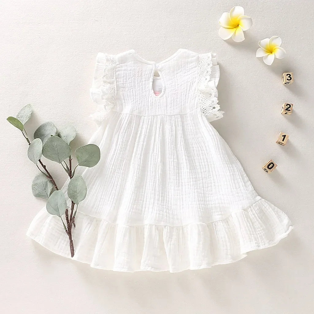 Kid Girls Cotton Linen Dresses Pleated Short Sleeve Delicate White Dress Summer Fashion Daily Dress For Toddler Girls 1-5 Years