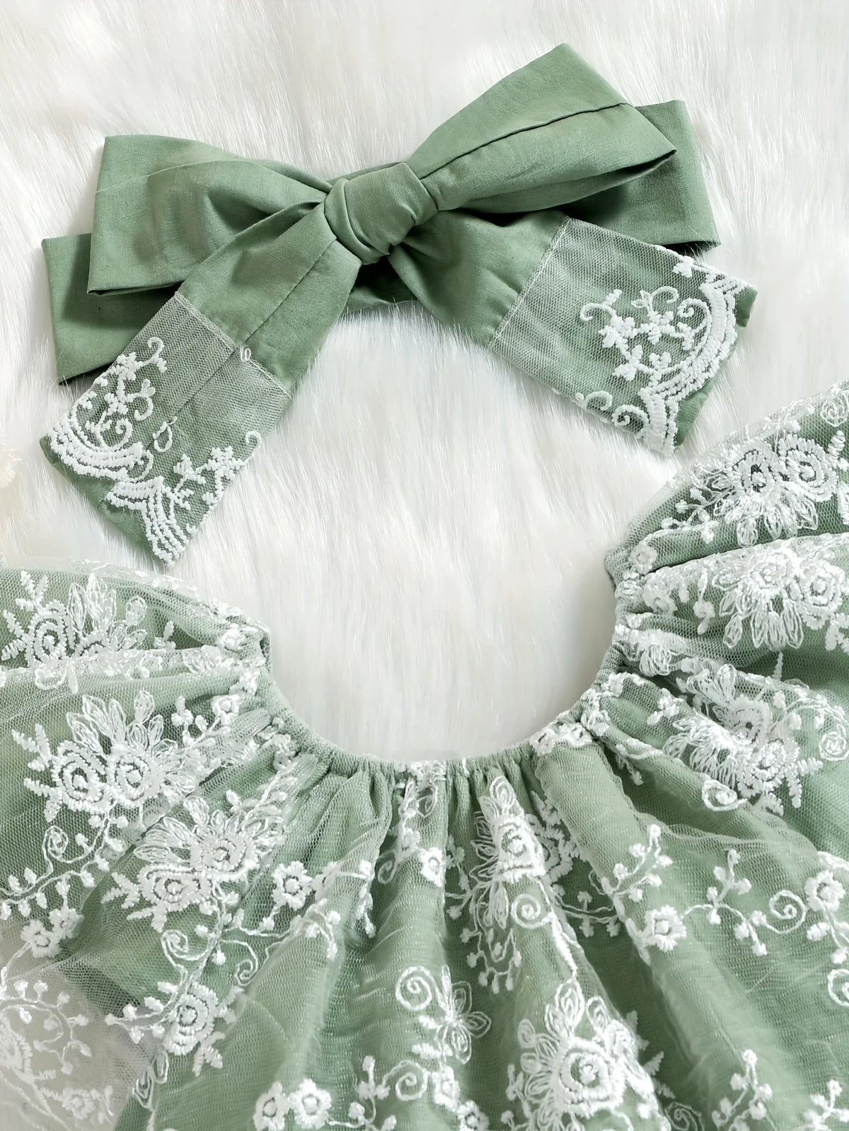 Baby Girl Summer Vintage Lace Embroidered Romper Mint Green Tulle Sleeve Harvey + Matching Large Bow Hairband Set