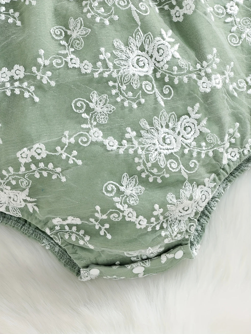 Baby Girl Summer Vintage Lace Embroidered Romper Mint Green Tulle Sleeve Harvey + Matching Large Bow Hairband Set