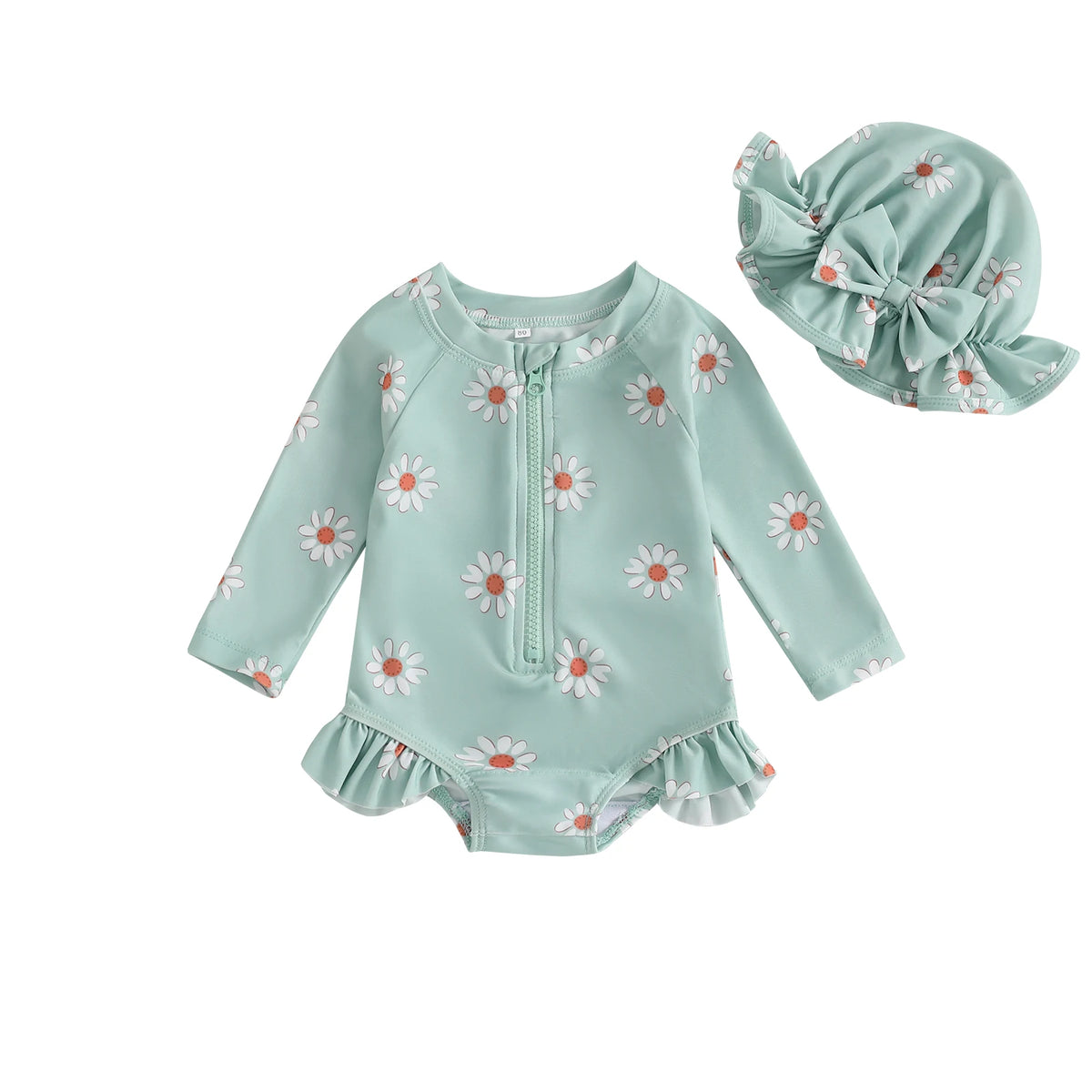 Fashion Newborn Baby Girls Swimwear Vintage Floral Print Zipper Long Sleeve Ruffles Bodysuits Swimsuits with Cap Bathing Suits