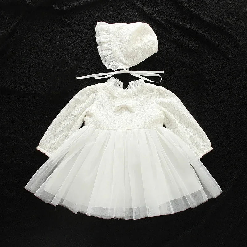 HAPPYPLUS Ivory Baby Girls Long Sleeve Christening Dress Classic Lace Embroidered Baby Baptism Dresses Tulle Blessing Gowns