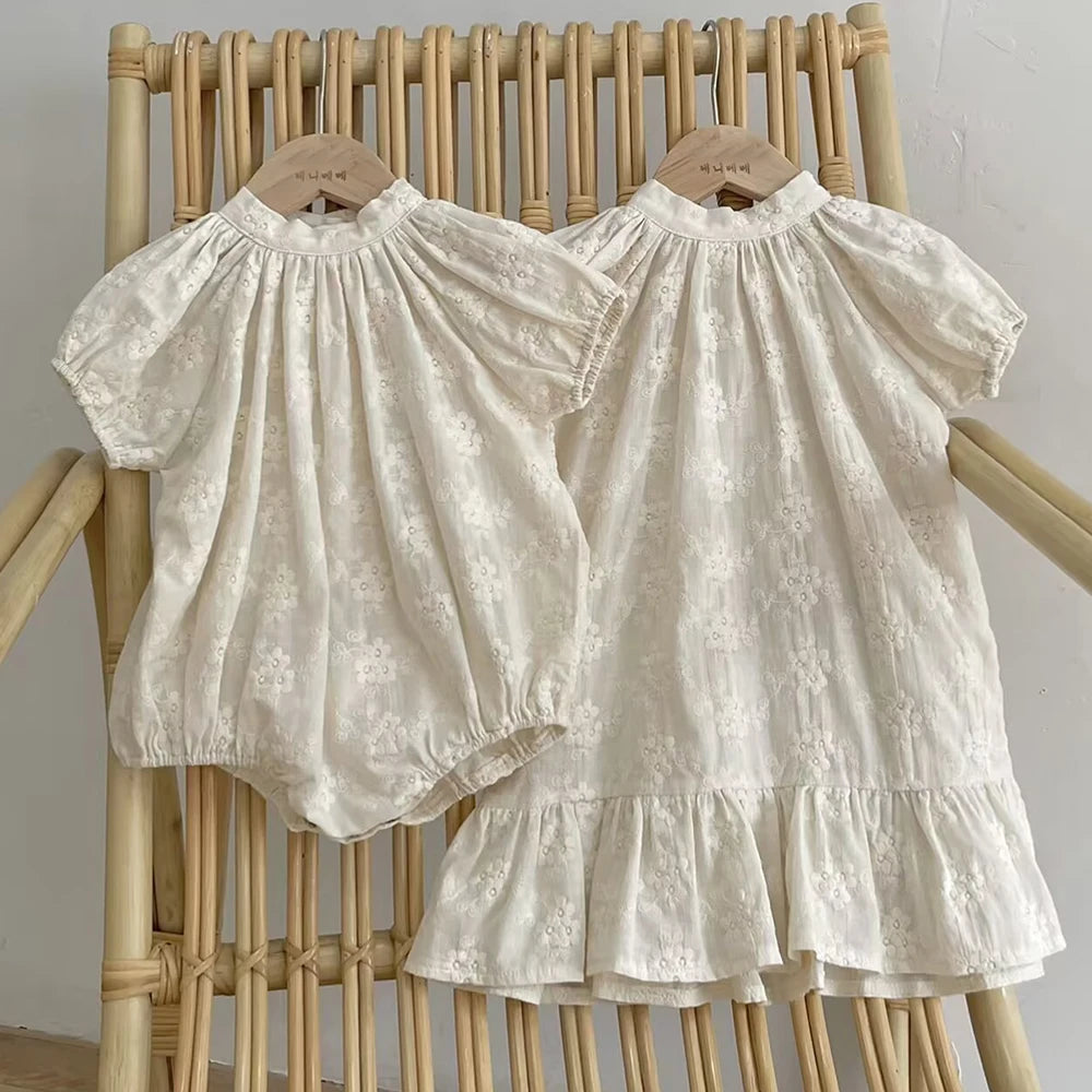 Baby Clothes Sweet Princess Baby Girl Romper Toddler Lace Embroidery Short Sleeve Beige Cotton Bodysuit for Newborn Rompers