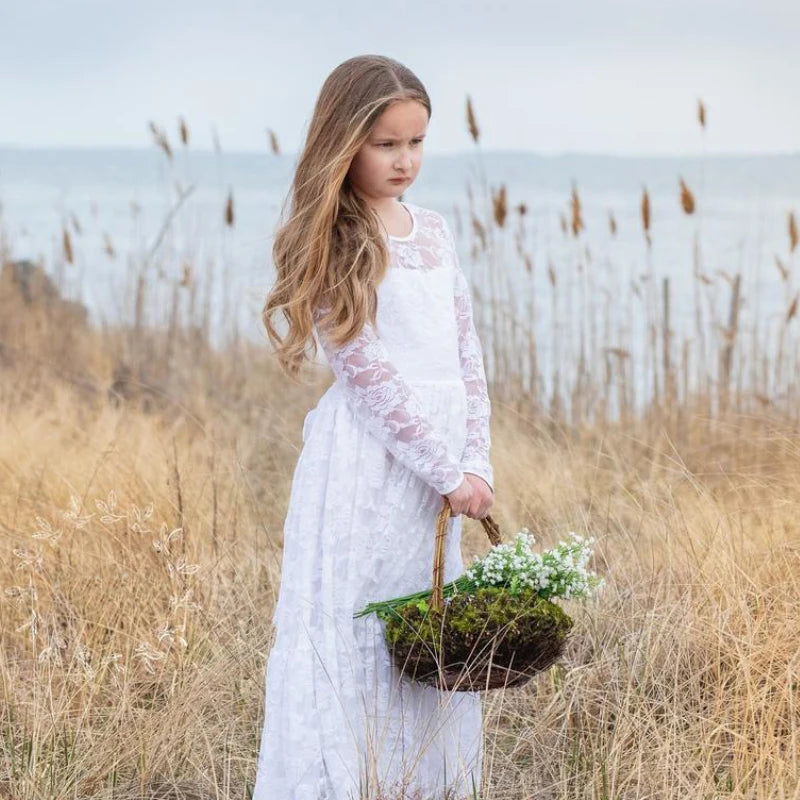 Flower Girl Dresses Weddings Little Kids Ivory Lace Dress Baptism White Ceremony Christening Frock Child Party Communion Clothes