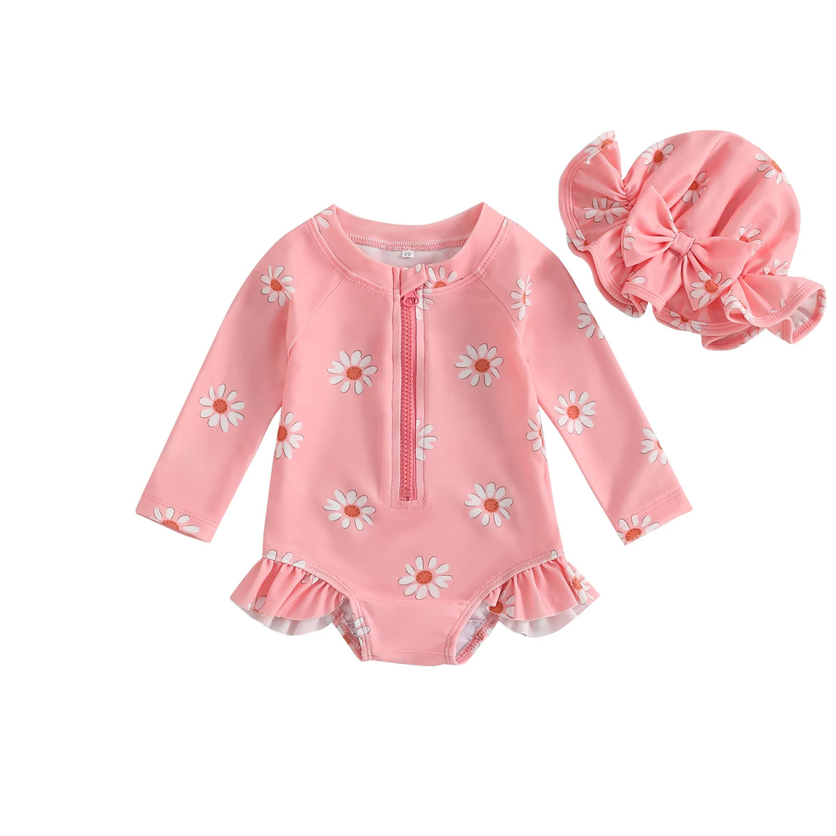 Fashion Newborn Baby Girls Swimwear Vintage Floral Print Zipper Long Sleeve Ruffles Bodysuits Swimsuits with Cap Bathing Suits
