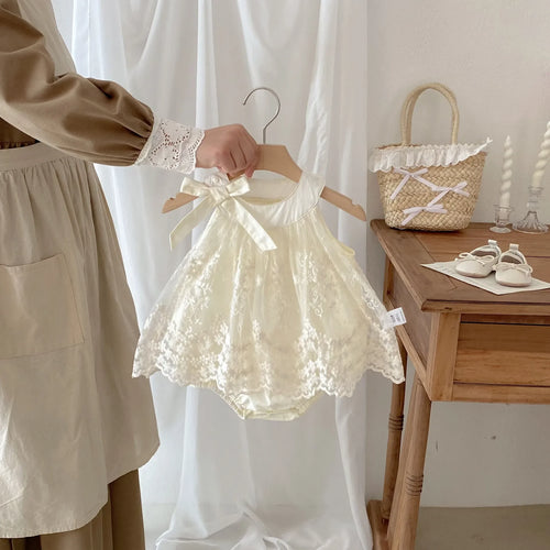 2026 Baby Girl Clothes Cotton Lace Embroidery Bow Romper Dress 0-2Y Baby Girl Birthday Photo Outfit Sleeveless Princess Bodysuit