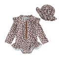 Fashion Newborn Baby Girls Swimwear Vintage Floral Print Zipper Long Sleeve Ruffles Bodysuits Swimsuits with Cap Bathing Suits