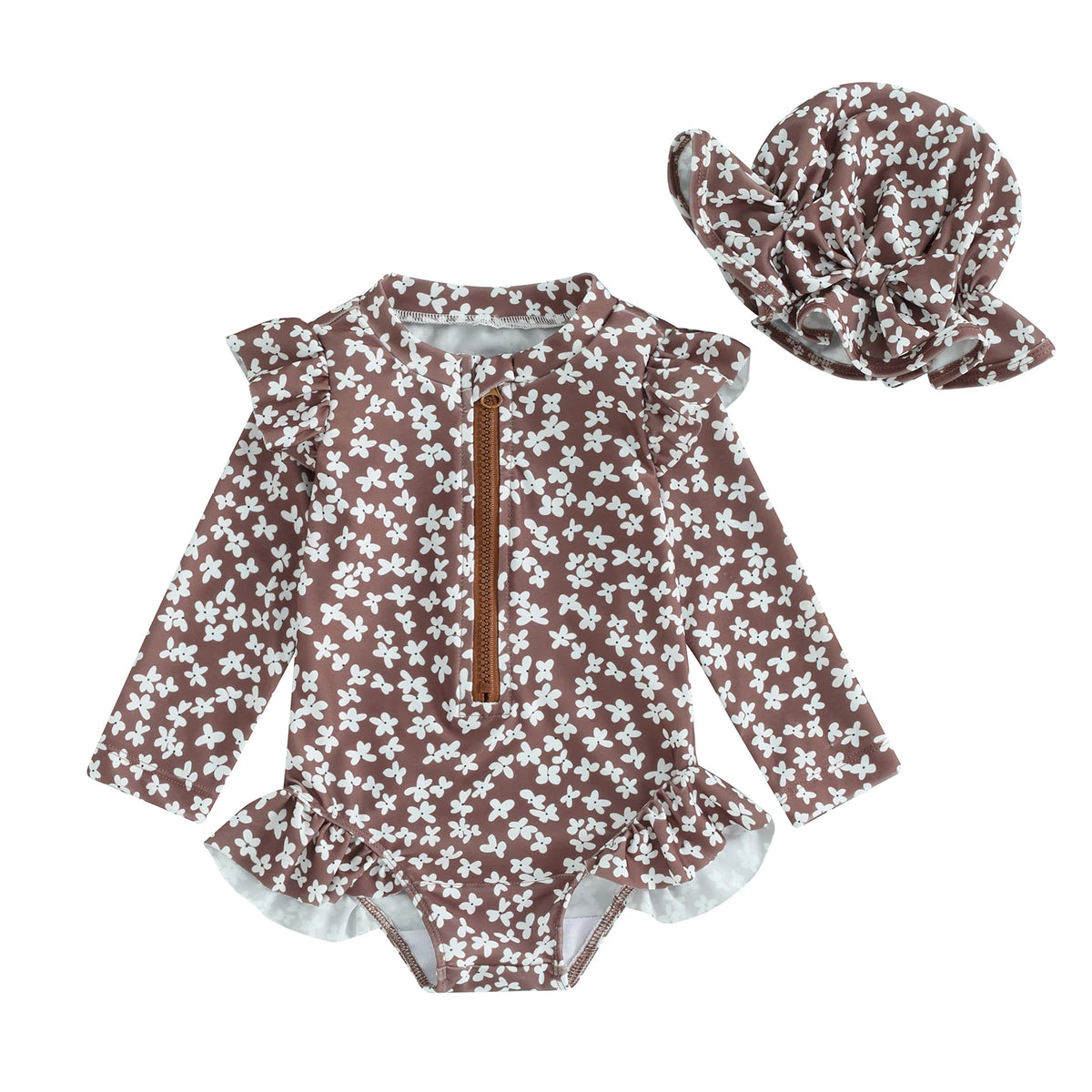 Fashion Newborn Baby Girls Swimwear Vintage Floral Print Zipper Long Sleeve Ruffles Bodysuits Swimsuits with Cap Bathing Suits