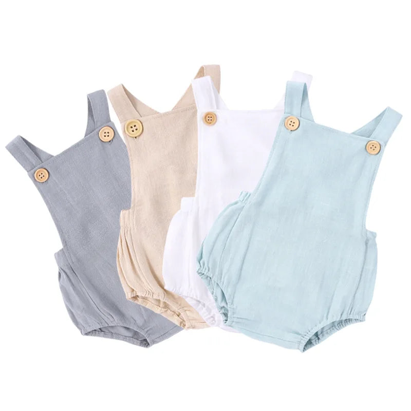 Personalized Baby Cotton Linen Suspender Overalls Solid Color Summer Toddler Sleeveless Rompers Outfit for Boys Girls Jumpsuit