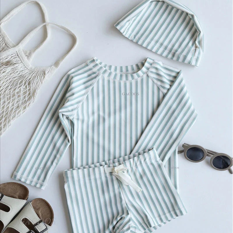 New Summer Kid Boy Swimming Wear 2pcs Blue Seagull Beige Sun Swimsuits+Trunks Hot Spring Sunscreen Holiday Swim Children Clothes