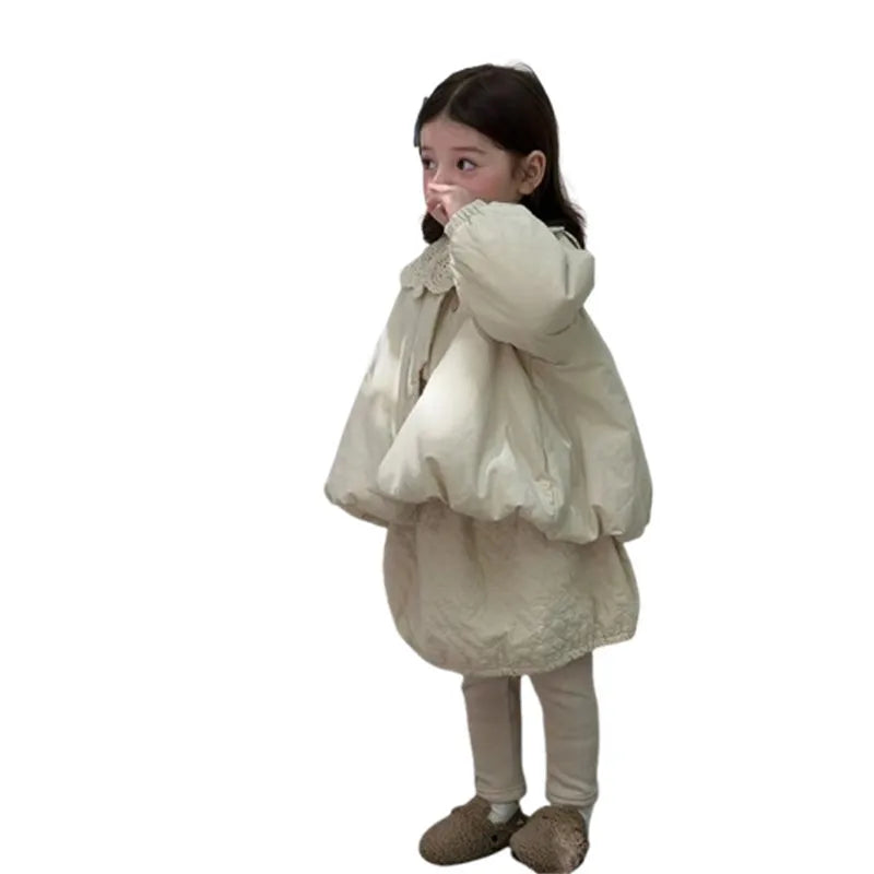 Girls Light Padded Coat 2026 New Fall Winter Korean Style Baby Quilted Beige Jacket Solid Color Elegant Autumn Style