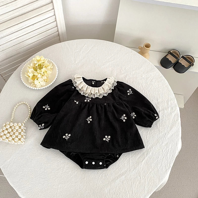 2026 Baby Girl Corduroy Romper 0-24M Long Sleeve Lace Ruffle Collar Floral Embroidery Bodysuit Autumn Infant Princess Romper