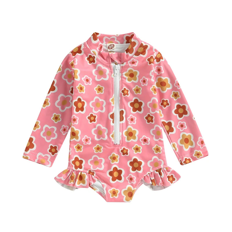 Kids Baby Girl Swimsuits Summer Floral Long Sleeve Zipper Ruffles Jumpsuit Swimwear Beachwear Bathing Suits