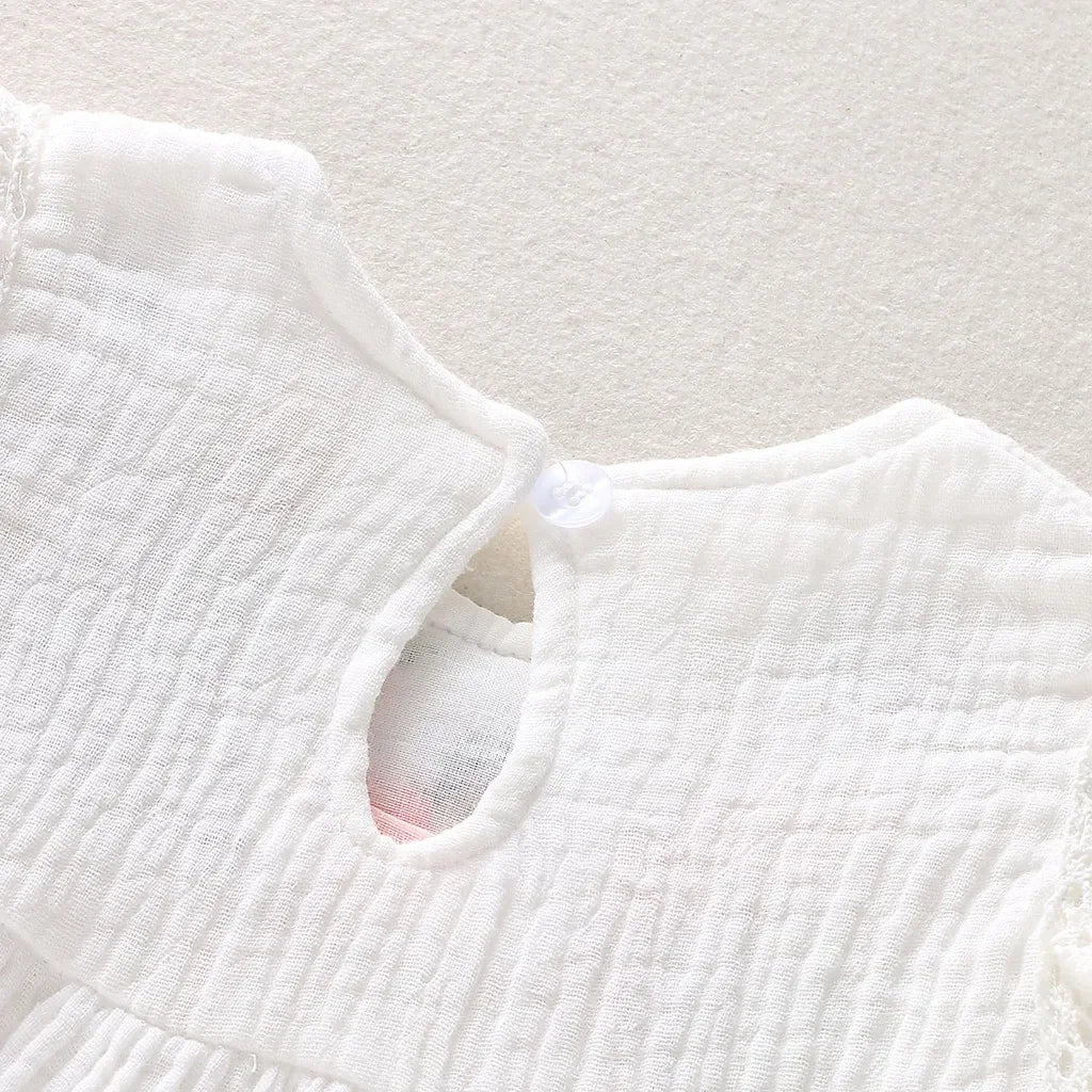 Kid Girls Cotton Linen Dresses Pleated Short Sleeve Delicate White Dress Summer Fashion Daily Dress For Toddler Girls 1-5 Years