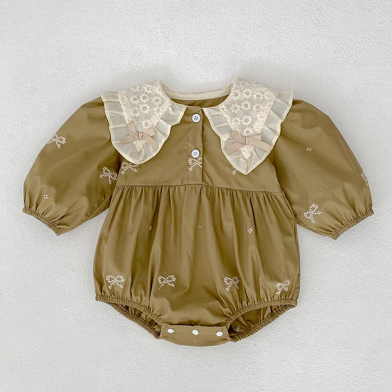 Newborn Baby Girl Romper Lace Bow Ribbon Ruffle Jumpsuit Cotton Infant Toddler Floral Onesie Spring Embroidery Baby Clothes