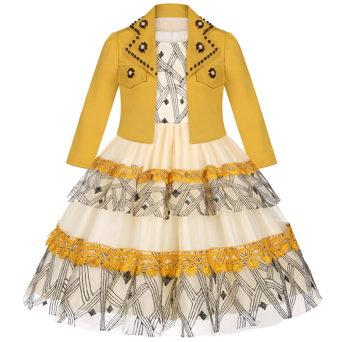 Girls' Lace Embroidered Dress for Princesses, Net-Sheer Suit Dress, Little Girl's Runway Evening Gown, Corsage and Shawl Set