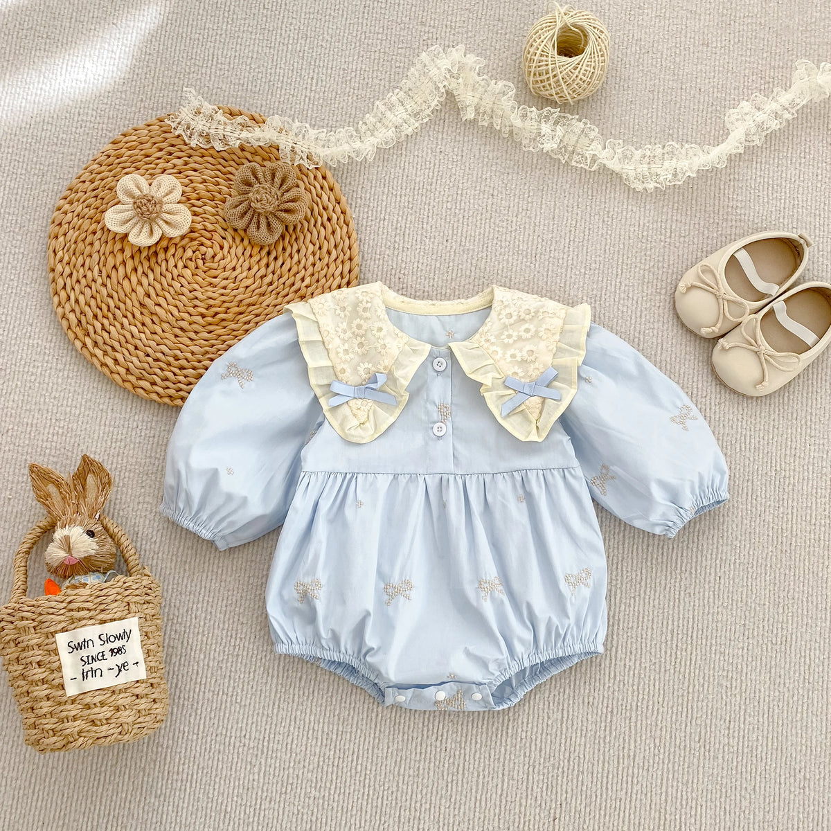 Newborn Baby Girl Romper Lace Bow Ribbon Ruffle Jumpsuit Cotton Infant Toddler Floral Onesie Spring Embroidery Baby Clothes