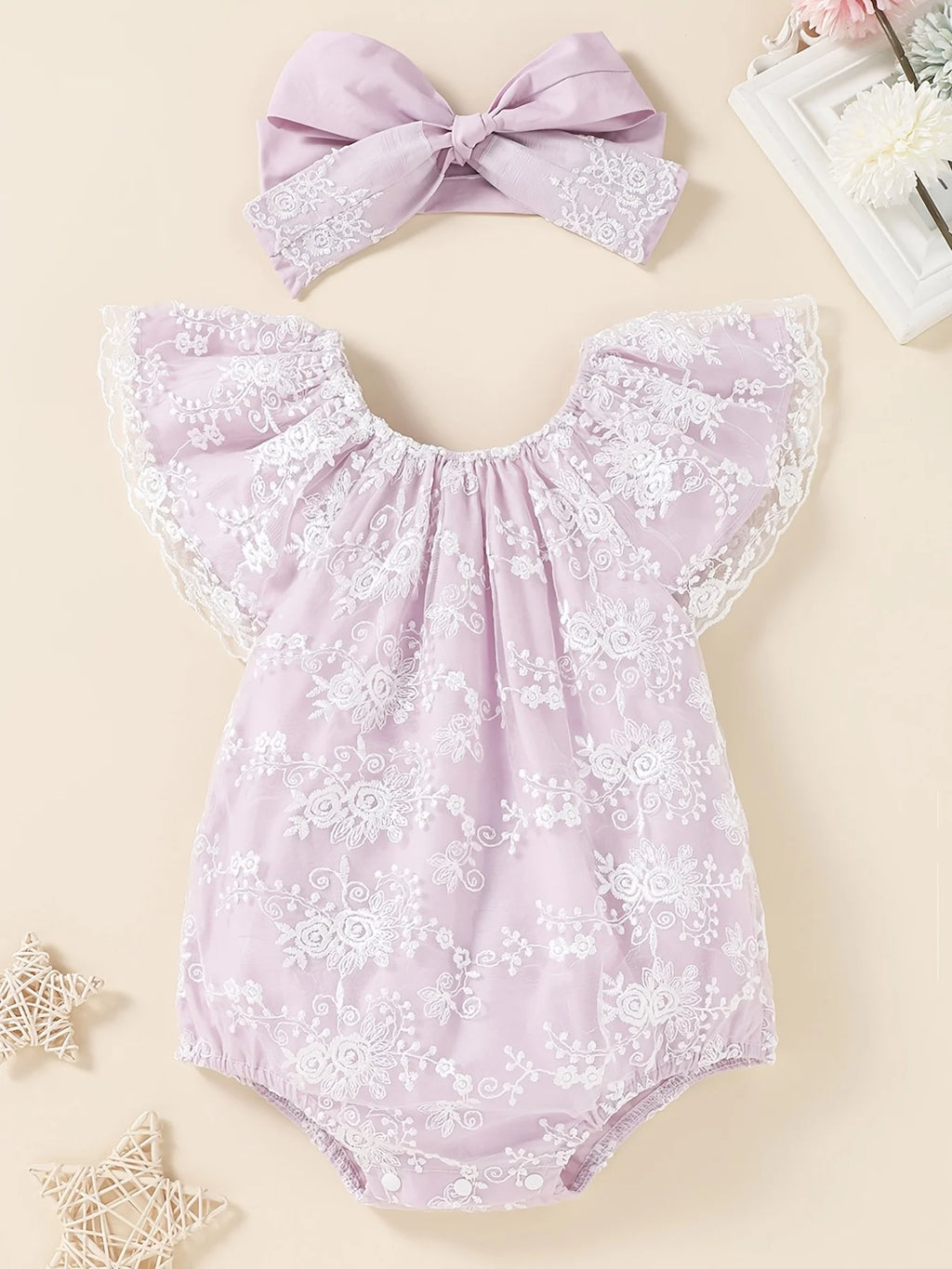 Baby Girl Summer Vintage Lace Embroidered Romper Mint Green Tulle Sleeve Harvey + Matching Large Bow Hairband Set