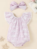 Baby Girl Summer Vintage Lace Embroidered Romper Mint Green Tulle Sleeve Harvey + Matching Large Bow Hairband Set