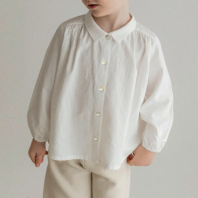 Boy's Cotton And Linen Buttons White Shirt Autumn New Children Casual Lapel Collar Long-Sleeved Shirts Cardigan Girls Blouse