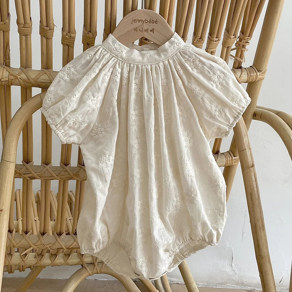 Baby Clothes Sweet Princess Baby Girl Romper Toddler Lace Embroidery Short Sleeve Beige Cotton Bodysuit for Newborn Rompers