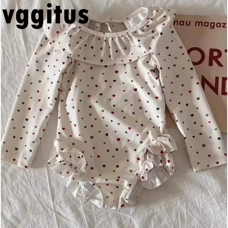 New Summer Girls Korean Style Long Sleeve Fashion Swimsuit Beige Polka Dot Ruffle Collar Backless Bathing Suit  for Beach B4321
