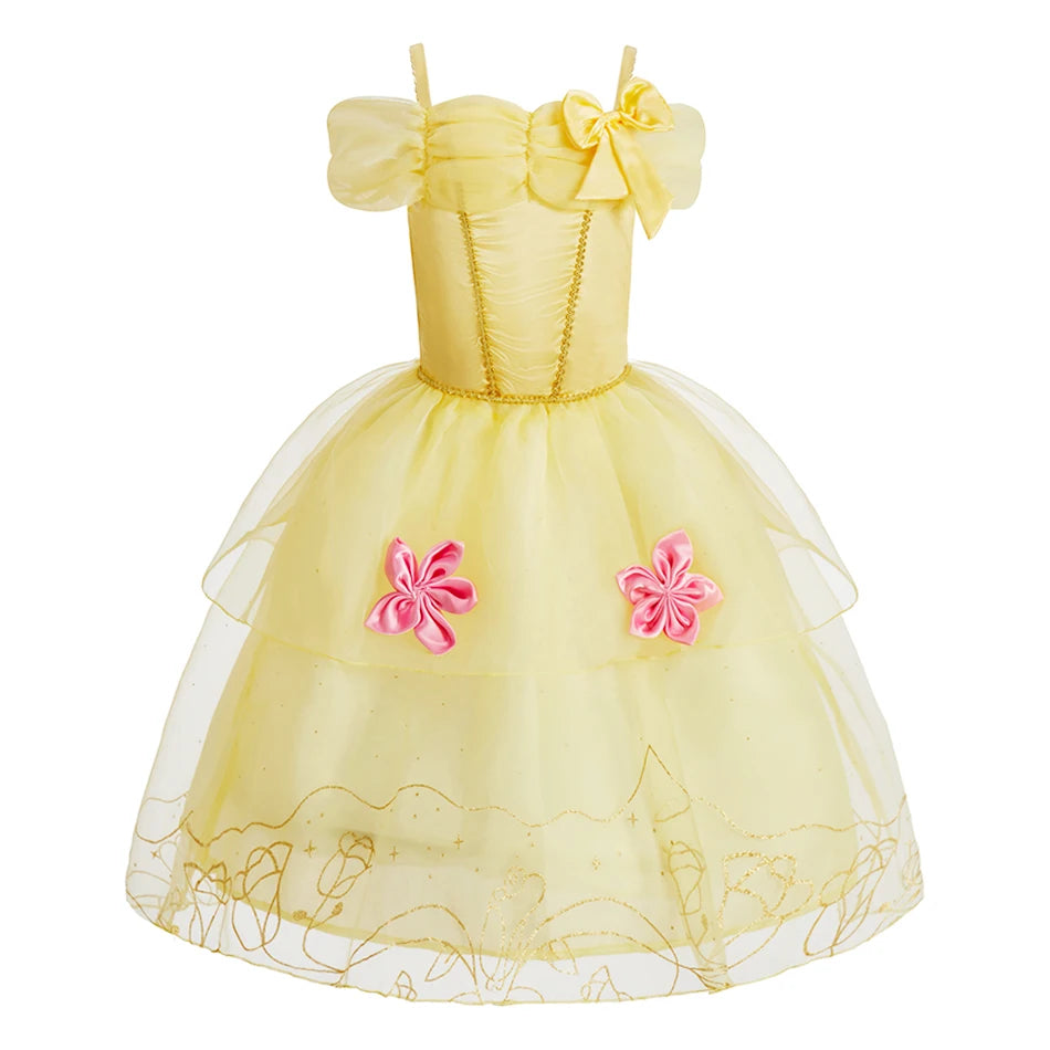 Skin-Friendly Soft Tulle Dress with Gold Embroidery Pink Flowers Girls' Princess Costume for Special Occasions