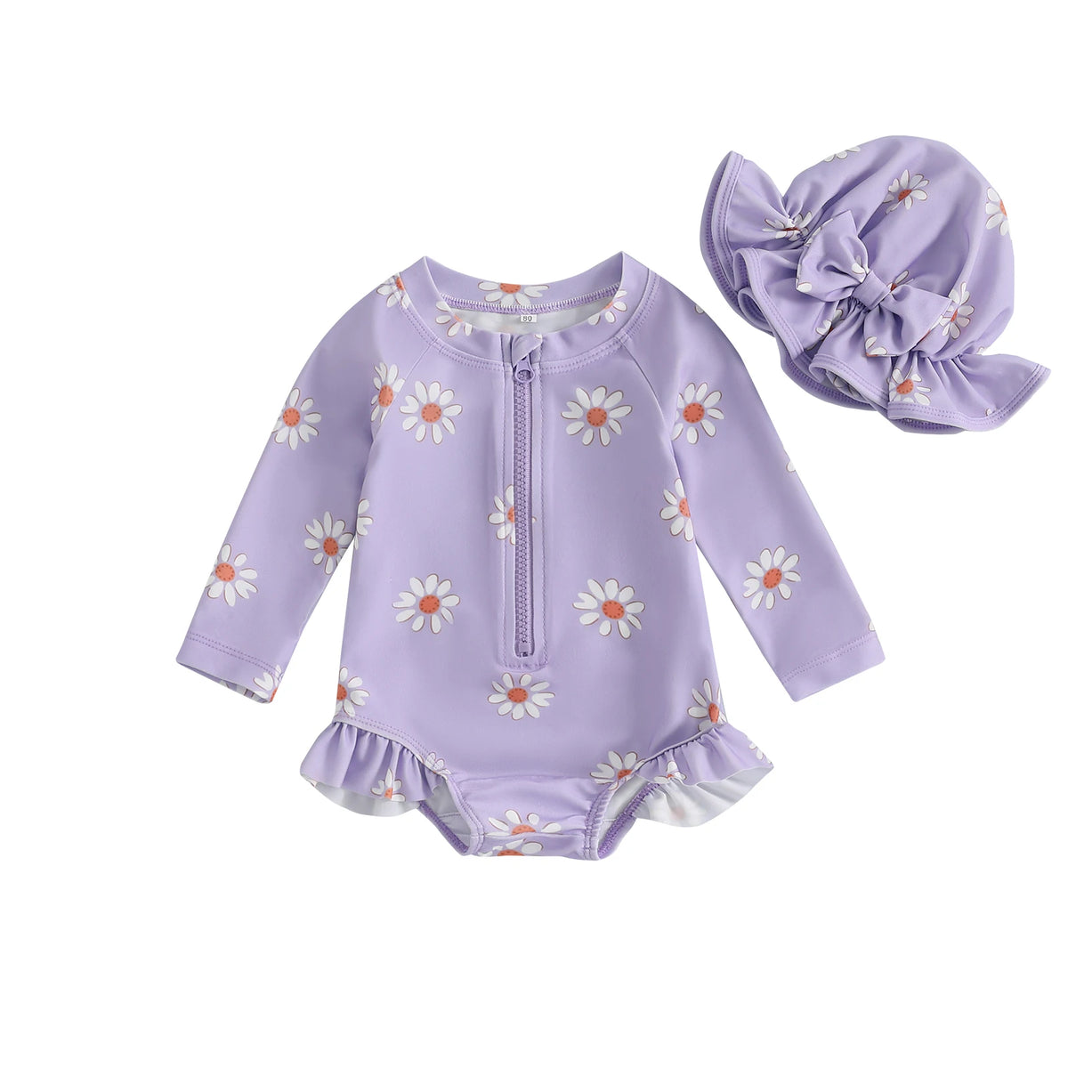 Fashion Newborn Baby Girls Swimwear Vintage Floral Print Zipper Long Sleeve Ruffles Bodysuits Swimsuits with Cap Bathing Suits