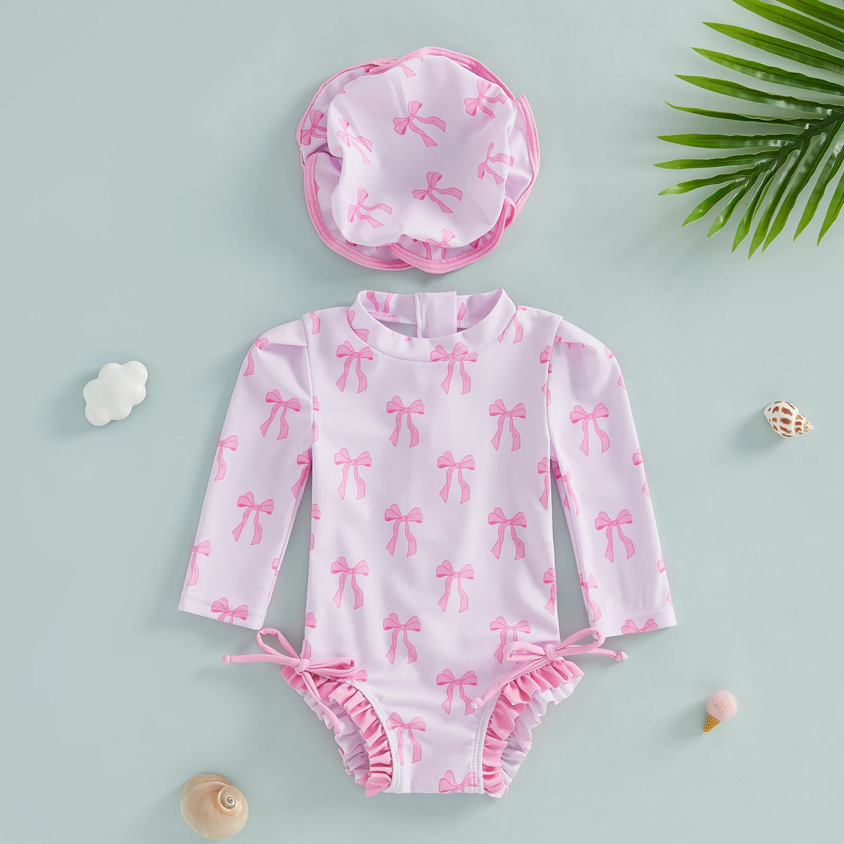 Toddler Kids Baby Girls Summer Rash Guard Swimsuits Long Sleeve Flower/Bow Print Ruffles Swimwear with Hats Bathing Suits