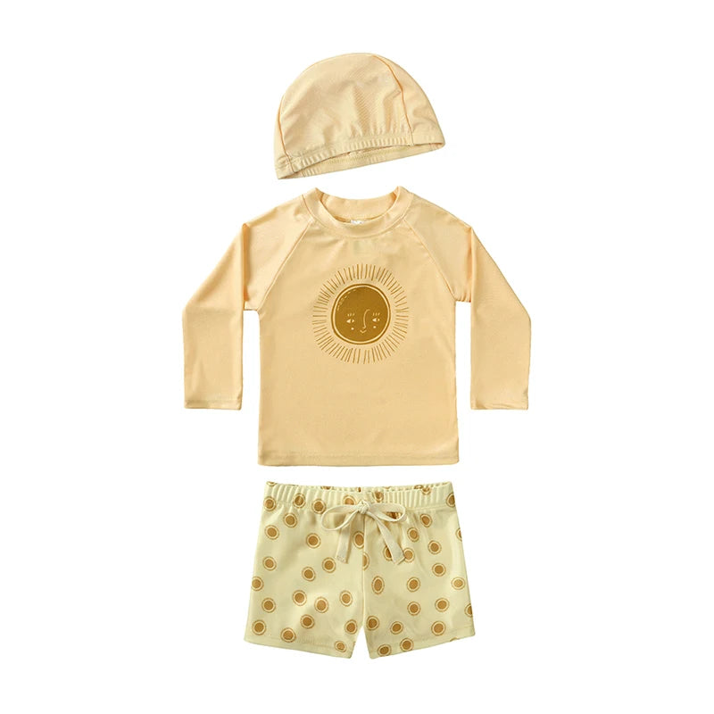 New Summer Kid Boy Swimming Wear 2pcs Blue Seagull Beige Sun Swimsuits+Trunks Hot Spring Sunscreen Holiday Swim Children Clothes