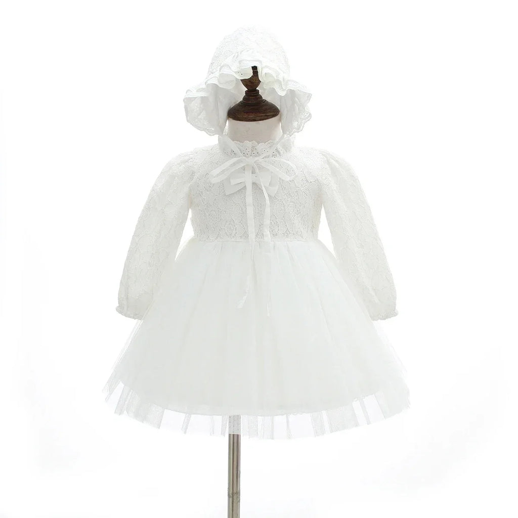 HAPPYPLUS Ivory Baby Girls Long Sleeve Christening Dress Classic Lace Embroidered Baby Baptism Dresses Tulle Blessing Gowns