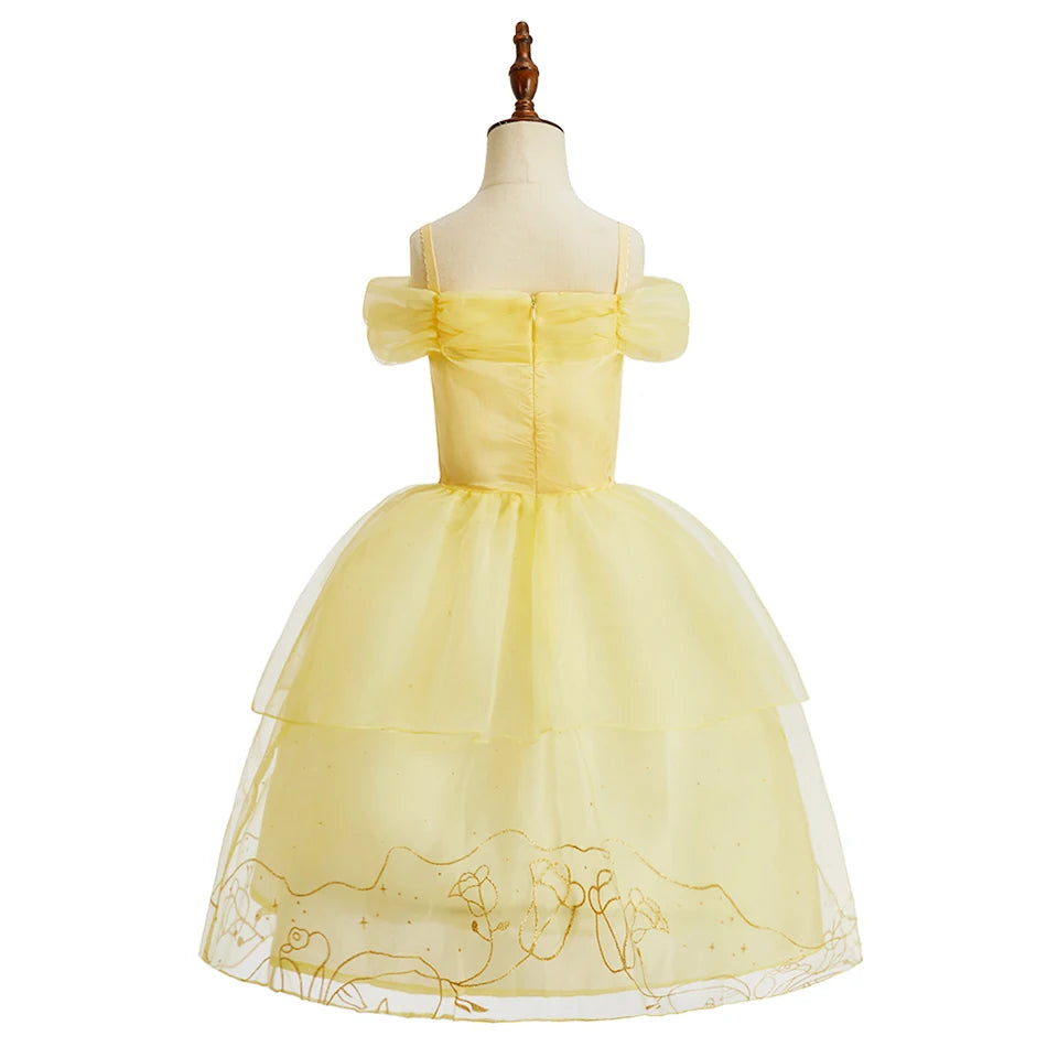 Skin-Friendly Soft Tulle Dress with Gold Embroidery Pink Flowers Girls' Princess Costume for Special Occasions