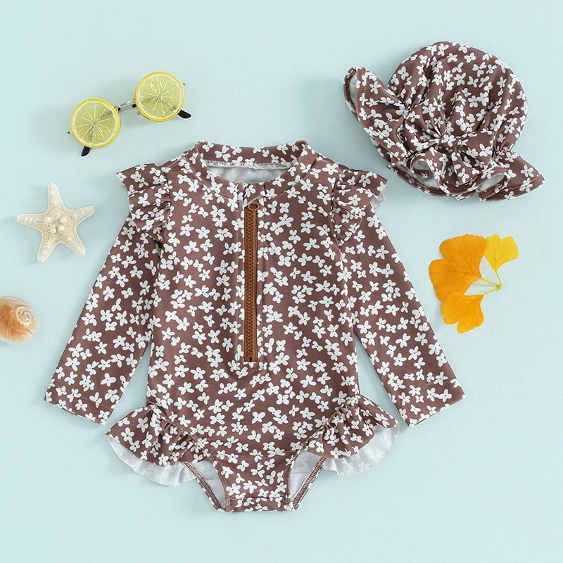 Fashion Newborn Baby Girls Swimwear Vintage Floral Print Zipper Long Sleeve Ruffles Bodysuits Swimsuits with Cap Bathing Suits