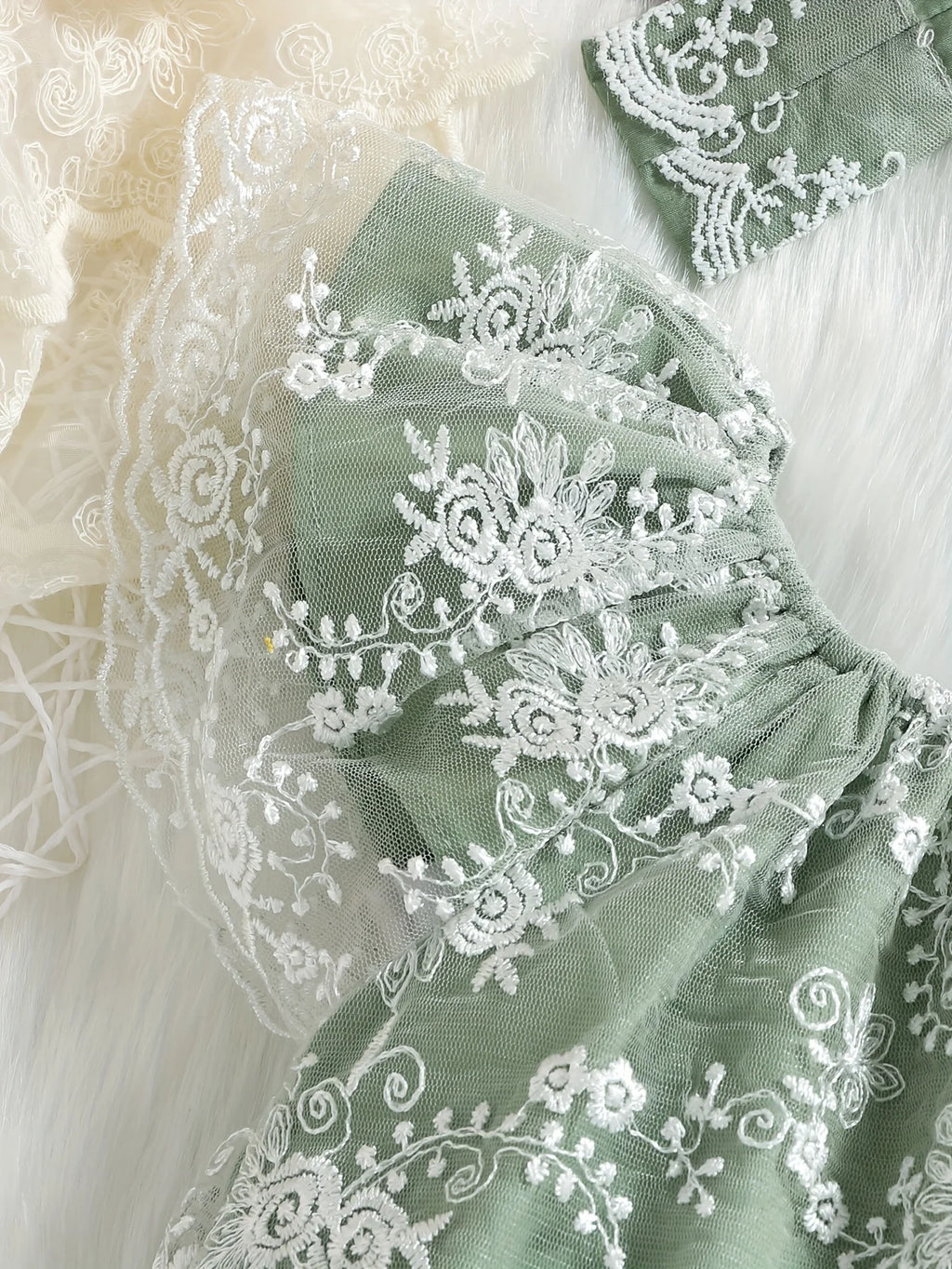 Baby Girl Summer Vintage Lace Embroidered Romper Mint Green Tulle Sleeve Harvey + Matching Large Bow Hairband Set