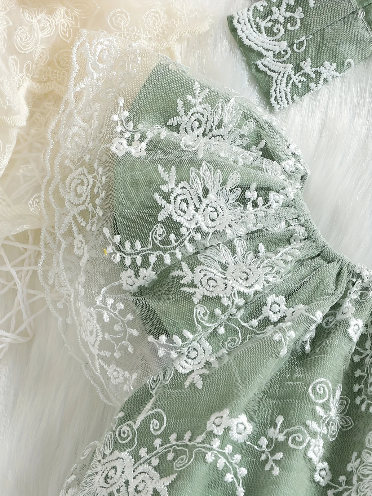 Baby Girl Summer Vintage Lace Embroidered Romper Mint Green Tulle Sleeve Harvey + Matching Large Bow Hairband Set