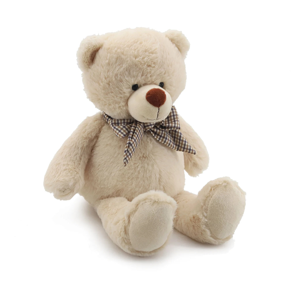 Classic Cream Teddy Bear Plush Toy with Plaid Bow Tie Soft Stuffed Animal Doll Cute Bear Plushie for Kids Birthday Gift Home