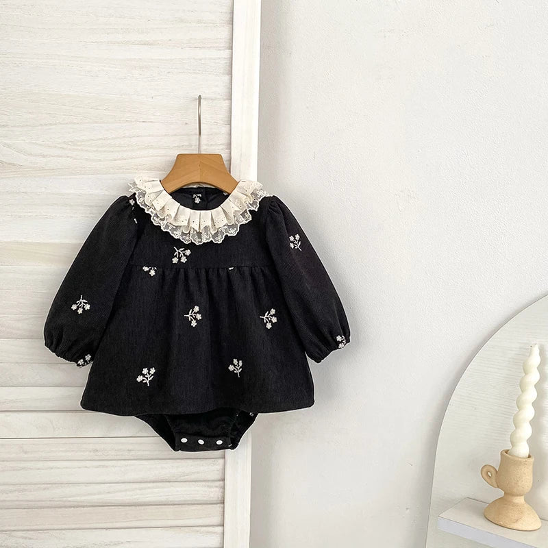 2026 Baby Girl Corduroy Romper 0-24M Long Sleeve Lace Ruffle Collar Floral Embroidery Bodysuit Autumn Infant Princess Romper