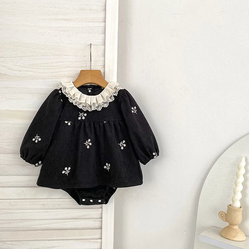 2026 Baby Girl Corduroy Romper 0-24M Long Sleeve Lace Ruffle Collar Floral Embroidery Bodysuit Autumn Infant Princess Romper