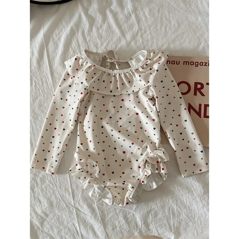 New Summer Girls Korean Style Long Sleeve Fashion Swimsuit Beige Polka Dot Ruffle Collar Backless Bathing Suit  for Beach B4321