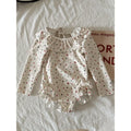 New Summer Girls Korean Style Long Sleeve Fashion Swimsuit Beige Polka Dot Ruffle Collar Backless Bathing Suit  for Beach B4321