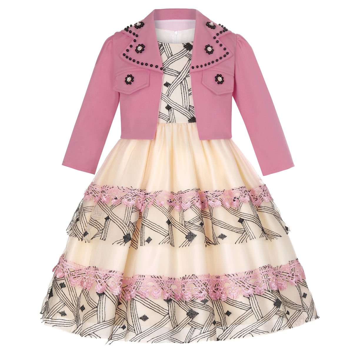 Girls' Lace Embroidered Dress for Princesses, Net-Sheer Suit Dress, Little Girl's Runway Evening Gown, Corsage and Shawl Set
