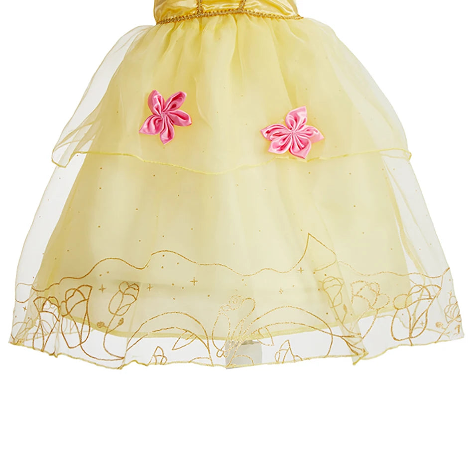 Skin-Friendly Soft Tulle Dress with Gold Embroidery Pink Flowers Girls' Princess Costume for Special Occasions