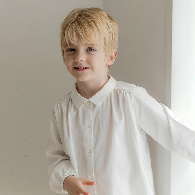 Boy's Cotton And Linen Buttons White Shirt Autumn New Children Casual Lapel Collar Long-Sleeved Shirts Cardigan Girls Blouse