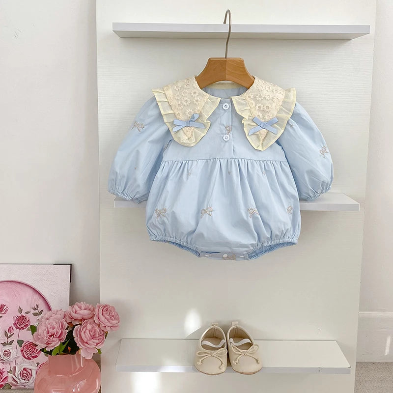 Newborn Baby Girl Romper Lace Bow Ribbon Ruffle Jumpsuit Cotton Infant Toddler Floral Onesie Spring Embroidery Baby Clothes