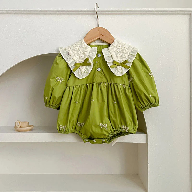 Newborn Baby Girl Romper Lace Bow Ribbon Ruffle Jumpsuit Cotton Infant Toddler Floral Onesie Spring Embroidery Baby Clothes