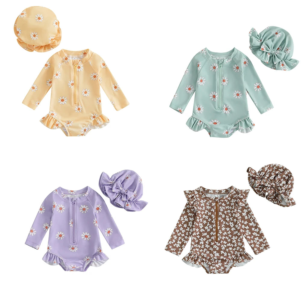 Fashion Newborn Baby Girls Swimwear Vintage Floral Print Zipper Long Sleeve Ruffles Bodysuits Swimsuits with Cap Bathing Suits