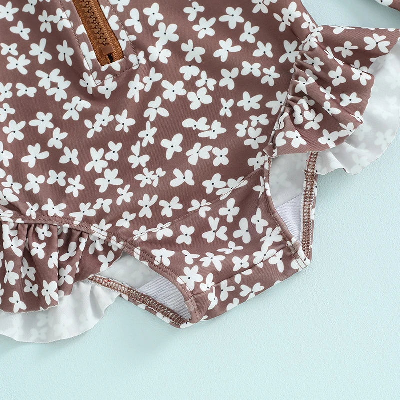 Fashion Newborn Baby Girls Swimwear Vintage Floral Print Zipper Long Sleeve Ruffles Bodysuits Swimsuits with Cap Bathing Suits