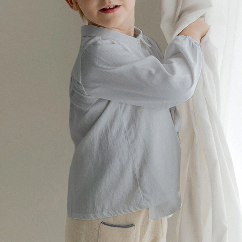Boy's Cotton And Linen Buttons White Shirt Autumn New Children Casual Lapel Collar Long-Sleeved Shirts Cardigan Girls Blouse