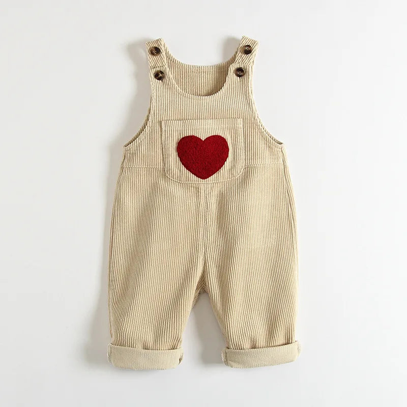 Kids Baby Autumn Clothes Spring  Heart Embroidery Baby Boys Girls Bib Pants Solid Overalls Corduroy Casual Suspender Outwear