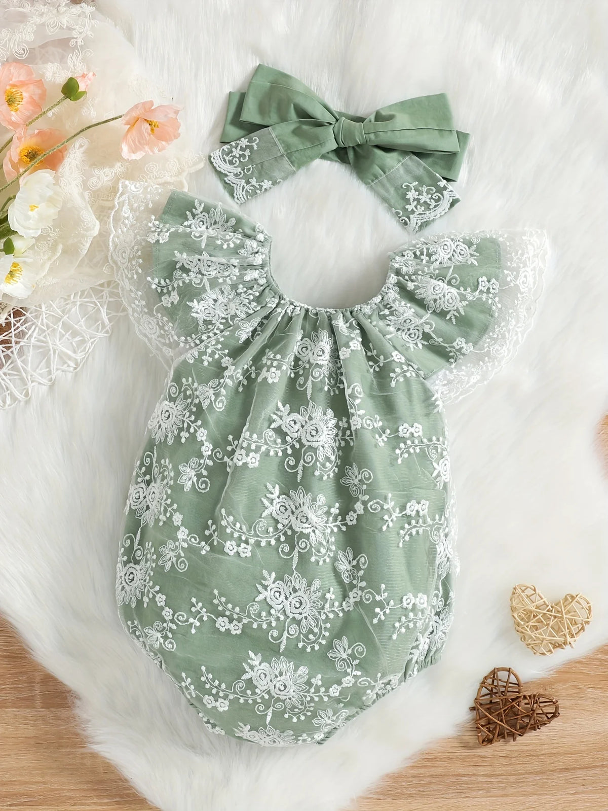 Baby Girl Summer Vintage Lace Embroidered Romper Mint Green Tulle Sleeve Harvey + Matching Large Bow Hairband Set